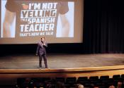 interim superintendent Joe Morelock speaking on stage