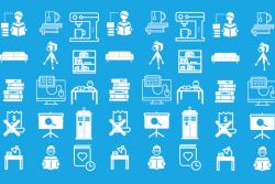 library image with icons representing the various services offered from seating to books and digital production
