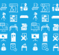 library image with icons representing the various services offered from seating to books and digital production